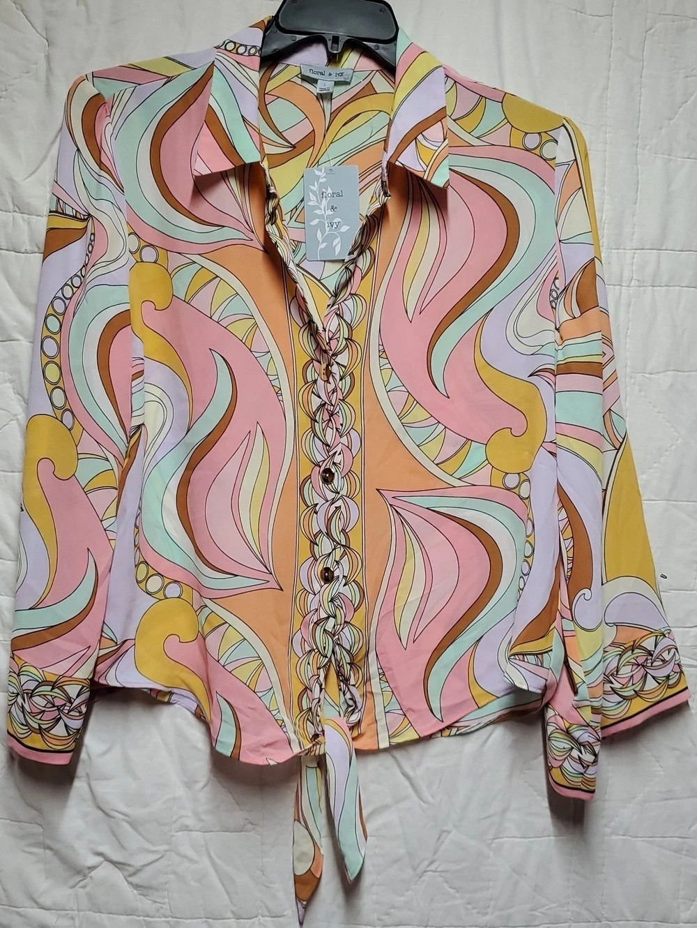 Floral & Ivy Abstract Print Button Down Blouse in Pink & Yellow NWT